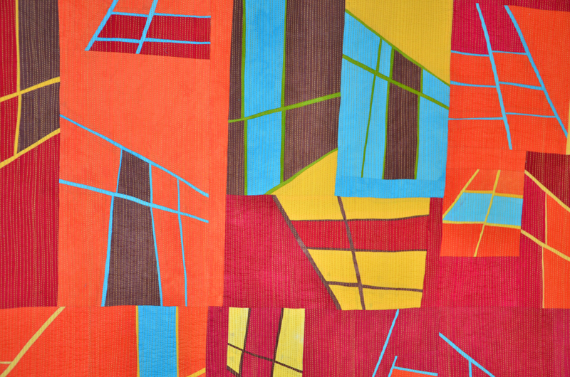 Contemporary abstract art quilt, hand dyed fabrics, improvisational, textiles, machine quilting